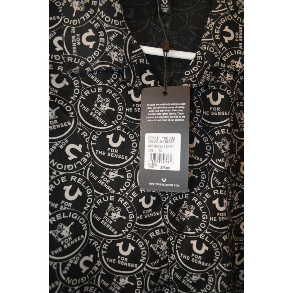 True Religion AOP Resort Shirt XL Jet Black All Over Logo NWT Mens $79 MSRP